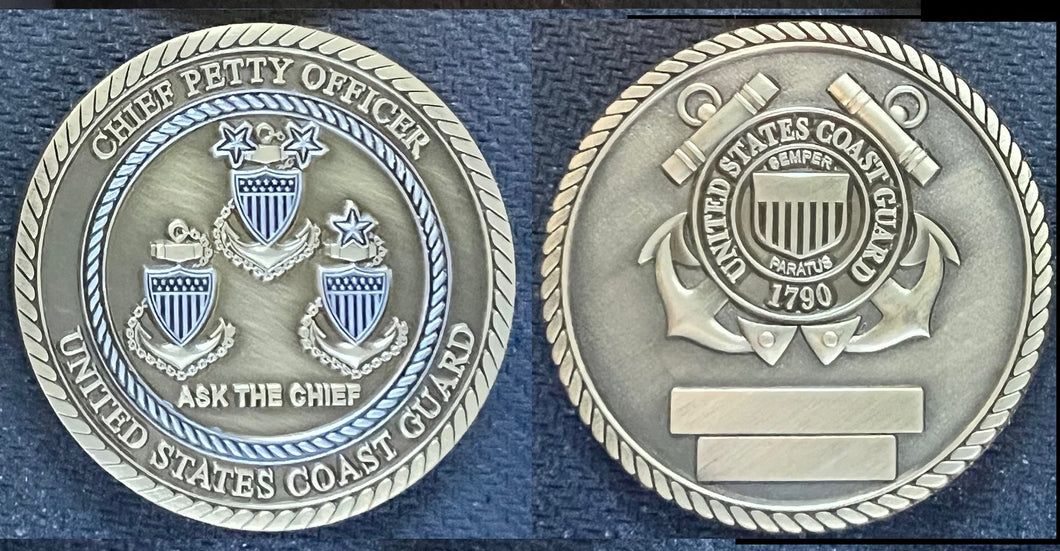 United States Coast Guard CPO Coin II with dual engraving blocks